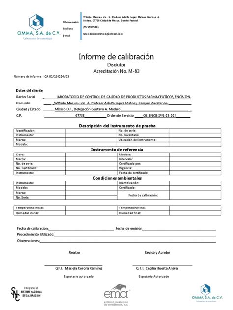 Formato Informe De Calibración Disolutor Calibración Naturaleza