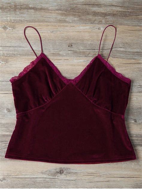 24 Off 2021 Lace Trim Velvet Camisole Top In Burgundy Zaful