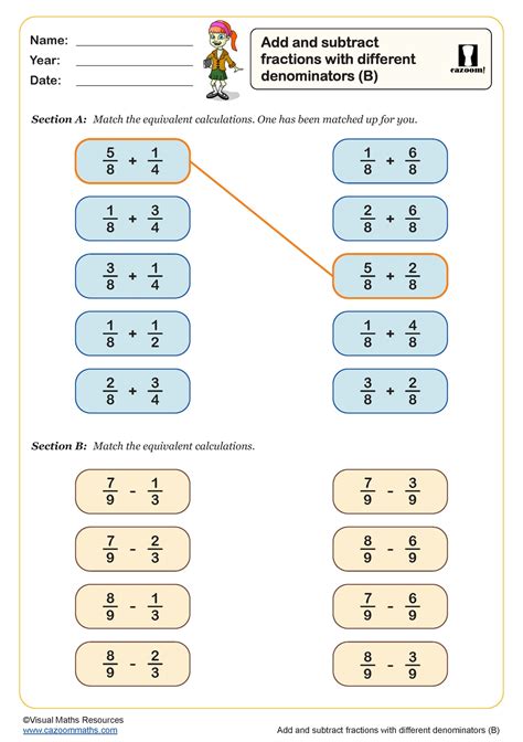 Add And Subtract Fractions With Different Denominators B Worksheet