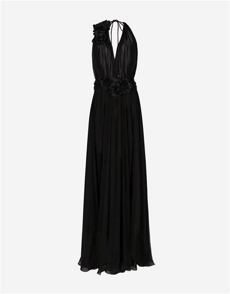 Long Silk Chiffon Dress With Floral Appliqué In Black For Women Dolce