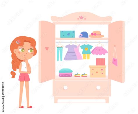 Cute Girl Choosing Dress For Fashion Outfit In Pink Wardrobe Vector