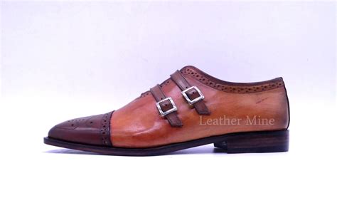 Leather Dress Shoes Mens Handmade Tan Patina Double Monk Shoes On Storenvy