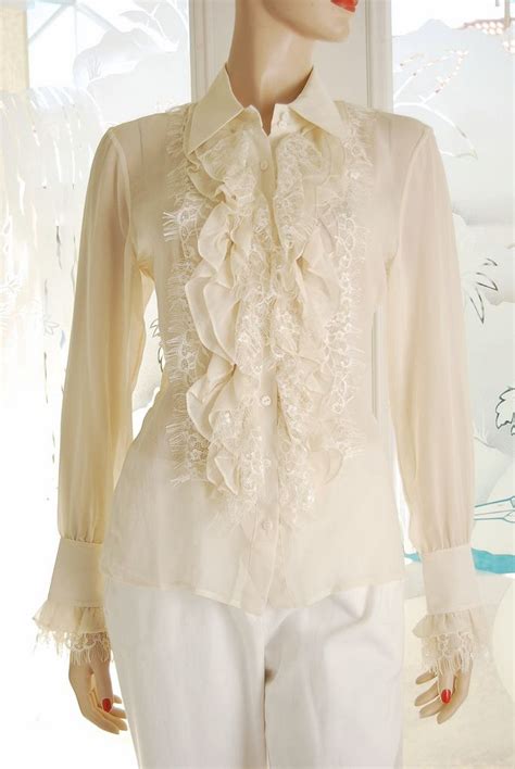 Boston Proper Ivory Lace Ruffled Blouse Full Length Front Vintage