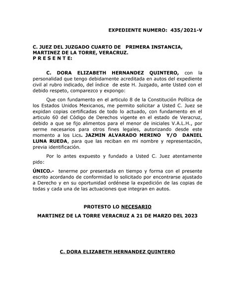 Solicitud De Copias Certificadas Expediente Numero 435 2021 V C