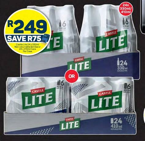 Castle Lite 24 X 330ml Non Returnable Bottles Or 24 X 410ml Cans Per