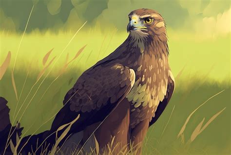 Premium Photo Brown Hawk On A Field Of Grass With Hazy Greens