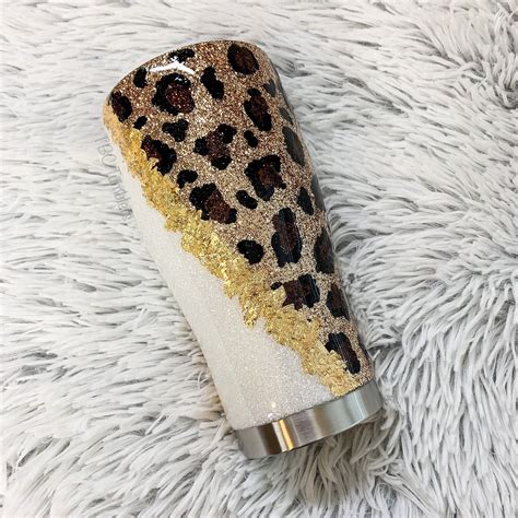 Gold Leaf And Leopard Print Glitter Tumbler White And Gold Etsy