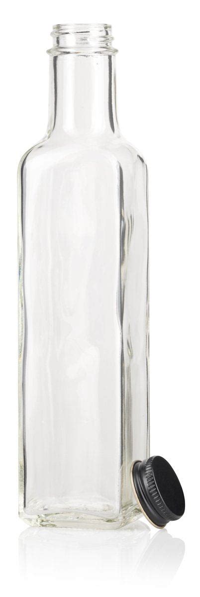 Clear Glass Square Bottle With Black Metal Lid 8 Oz 250 Ml