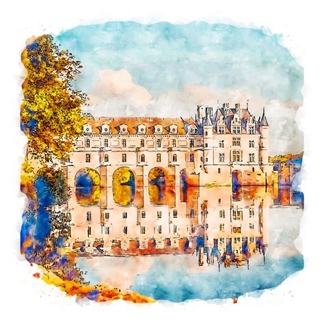 Architecture Castle France Watercolor Sketch Hand Drawn Illustration