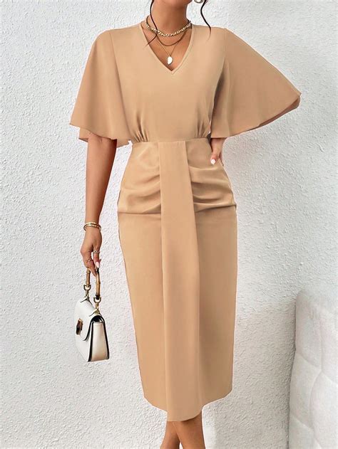 SHEIN Privé Solid Batwing Sleeve Ruched Front Dress SHEIN USA