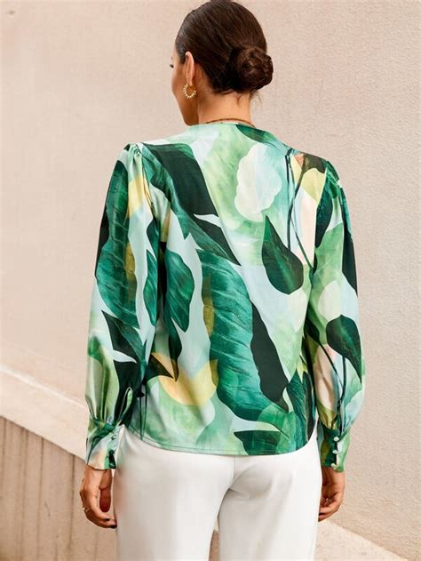 Random Tropical Print Puff Sleeve Shirt Shein Usa