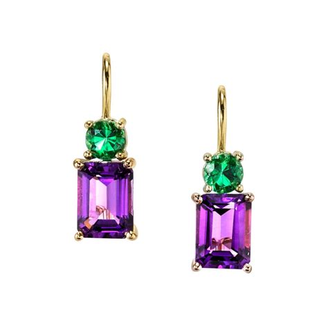 Emerald Cut Amethyst With Round Tsavorite 18 Karat Rose Yellow Gold Earrings At 1stdibs