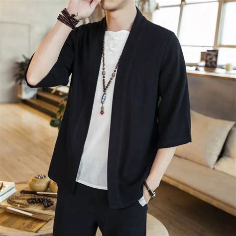 4309 Summer Cotton Linen Kimono Shirt Men Vintage Loose Plus Size 5xl V Neck Cardigan Casual