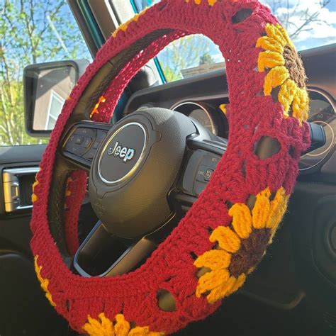 Sunflower Crochet Steering Wheel Cover Etsy Crochet Car Cute Car