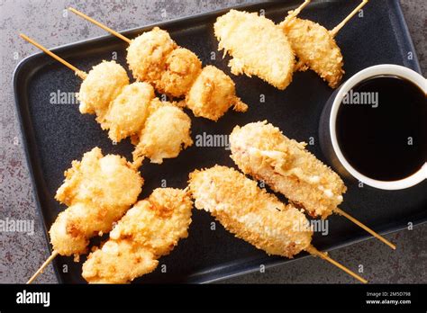 Japanese Kushikatsu Deep Fried Vegetables Eggs And Meat On Skewer