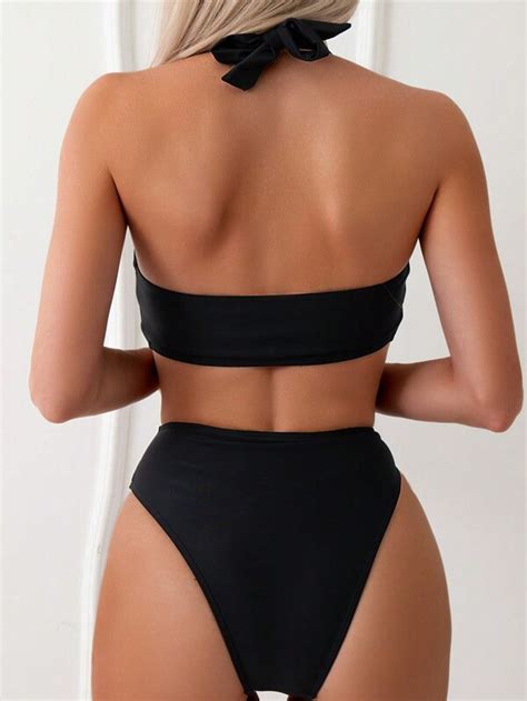 Ring Linked Cut Out Halter One Piece Swimsuit Shein Usa