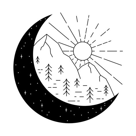 Mountain Monoline Or Line Art Day And Night Vector Illustration