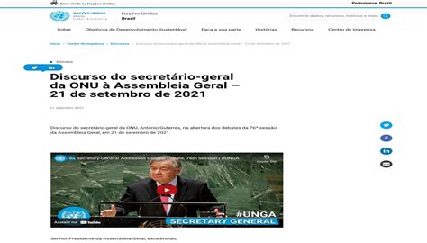 Discurso do secretário geral da ONU à Assembleia Geral 21 de setembro