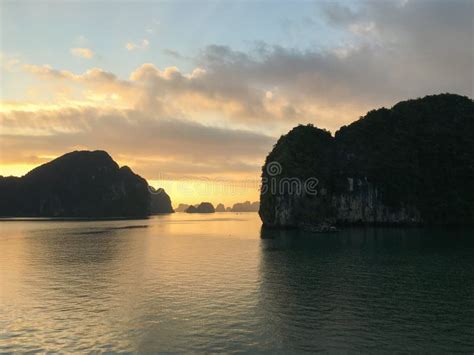 Magical And Golden Sunrise At Halong Bay Vietnam Southeast Asia Stock