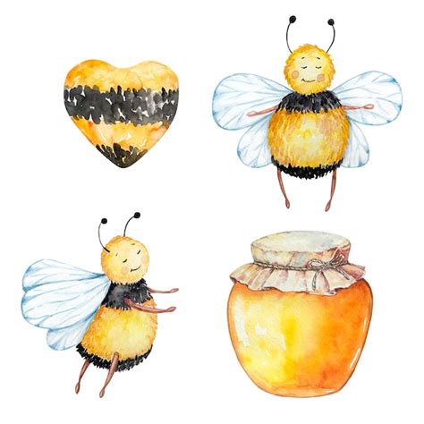 Ensemble De Miel Aquarelle Abeilles Et Miel Dans Un Bocal Vecteur Premium