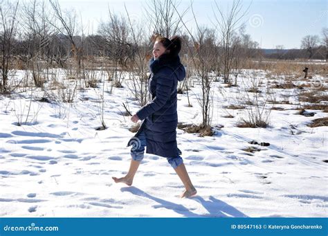 Pretty Girl Barefoot Walking On Snow Stock Image Image Of Face Young