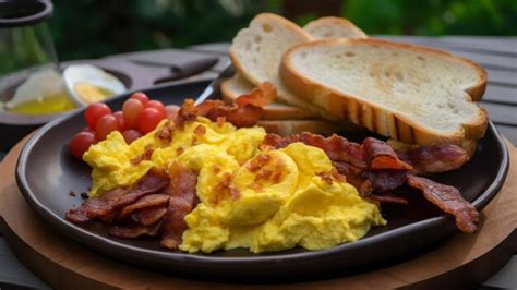 Un Plato De Huevos Revueltos Con Tostadas Y Tomates Foto Premium