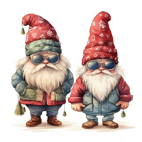 Gnomos de dibujos animados con gafas de sol y sombreros están de pie