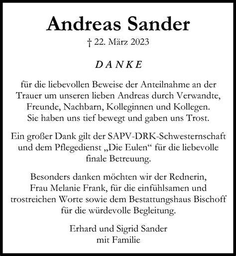 Traueranzeigen Von Andreas Sander Trauer Anzeigen De