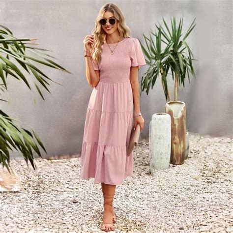 Robe Femme Chic Et Elegant Vacances La Plage Imprim Sexy Rose Rose