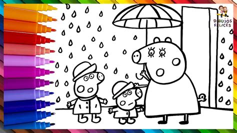 Dibuja y Colorea A Peppa Pig Mamá Pig Y George Pig Bajo La Lluvia