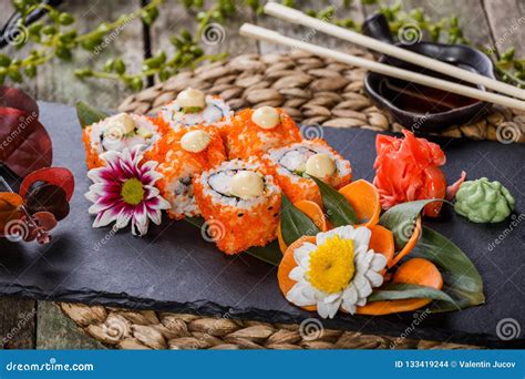 Sushi Rolls Maki Sushi Sashimi Decorated With Flowers Japanese