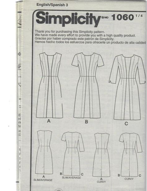 Simplicity 1060 Misses Amazing Fit Dresses Sewing Pattern 10 18 Slim