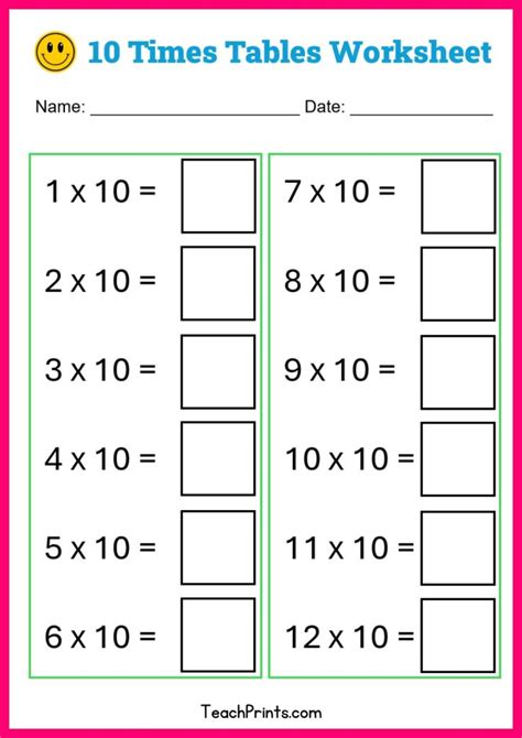 Free 10 Times Tables Worksheets 8 Versions Teach Prints