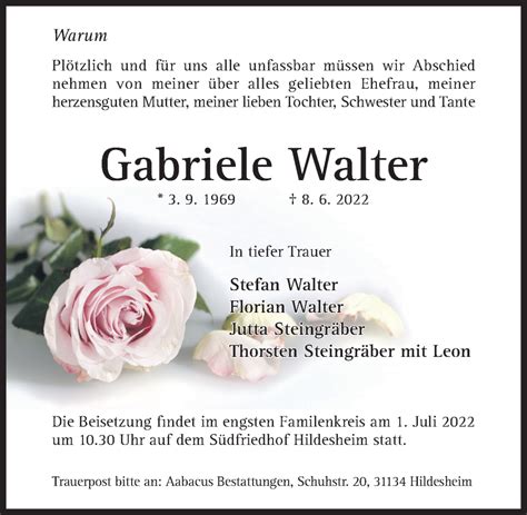 Traueranzeigen Von Gabriele Walter Trauerportal Hildesheimer