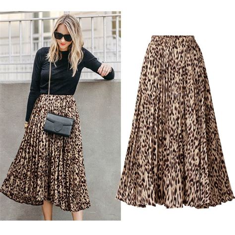 Plus Size Leopard Print Skirts Womens New Spring Autumn A Line Pleated Long Skirt Casual High