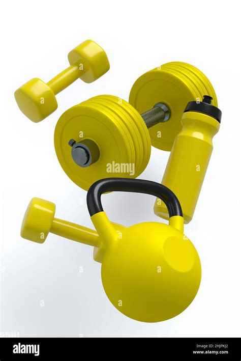 Flying Sport Equipment Like Kettlebell Dumbbell And Water Bottle On