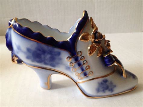 Porcelain Shoe Collectable Blue Decorated Shoes Ceramic Shoes Shoes