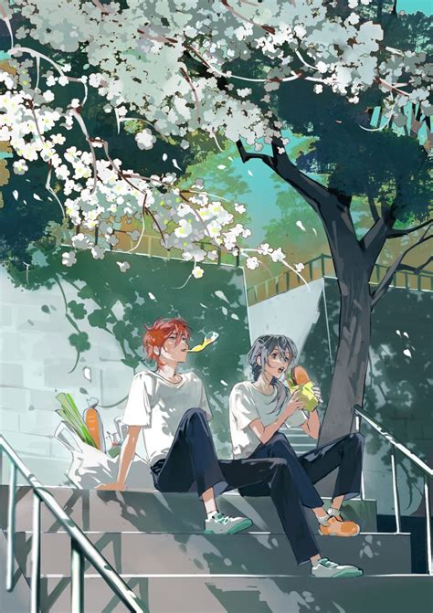 Two People Sitting On The Steps Under A Tree With Flowers In Their