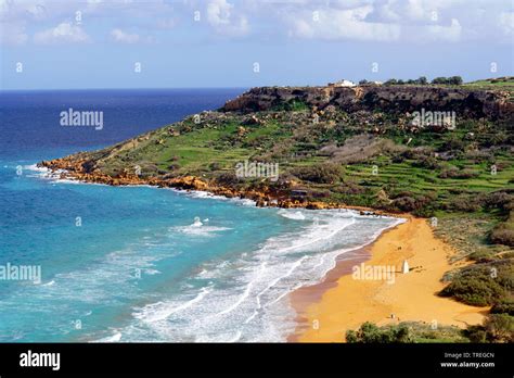 vista from Calypso Cave onto Ramla Bay Beach, Malta, Xaghra Stock Photo ...