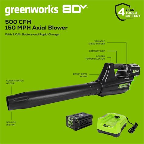 Greenworks 80 Volt Max 500 Cfm 150 Mph Battery Handheld Leaf Blower 2 Ah Battery And Charger