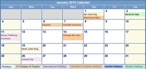 2015 Us Holidays and Observances | January 2015 Calendar with US, Christian, Jewish, Muslim ...