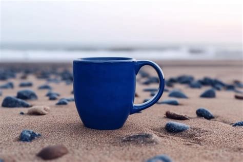 Premium Ai Image There Is A Blue Coffee Cup Sitting On A Beach With