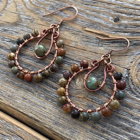 Boho Earrings Hoop Earrings Boho Jewelry Copper Hoop Earrings Stone