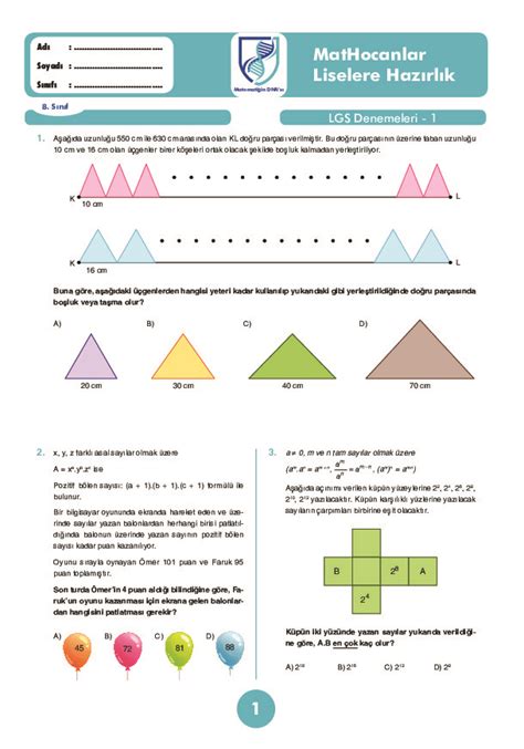 8 Sınıf Matematik Ekİm Ayi Sayisal Denemesİ Deneme Sınavı Derslig