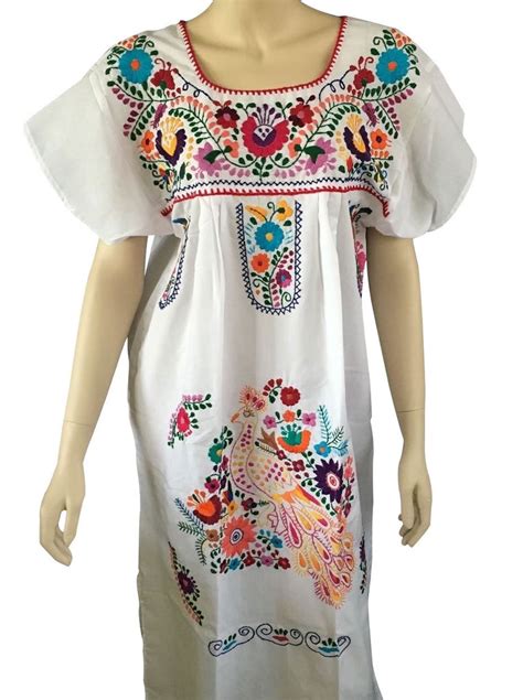 White Peasant Embroidered Mexican Dress Meximart