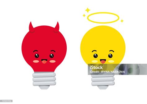 Devil And Angel Light Bulb Cute Kawaii Character Vector Icon Stock