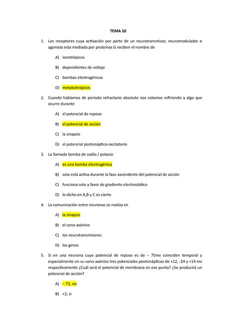 Test 2020 Preguntas Y Respuestas TEMA 10 Los Receptores Cuya