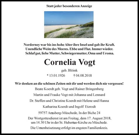 Traueranzeigen Von Cornelia Vogt Trauer In NRW De