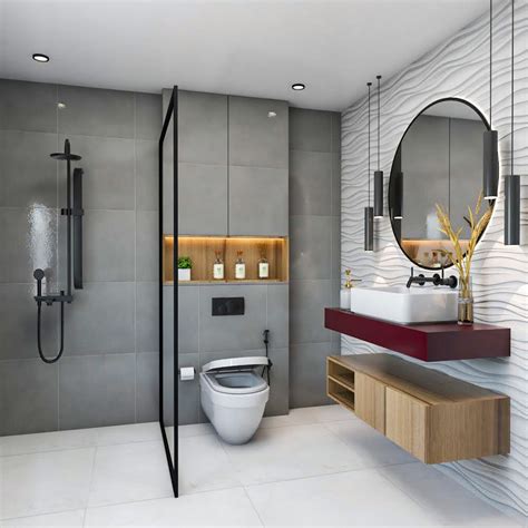 stylish contemporary bathroom design  grey  white tiles backlit