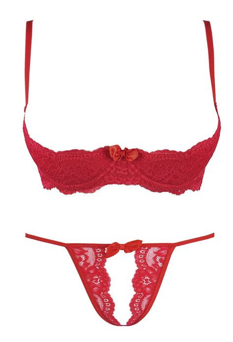 Crotchless Red Lace European Quarter Cup Bra Set Lingerie Seduction